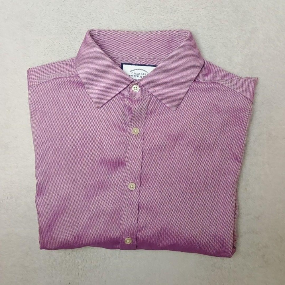 Charles Tyrwhitt Shirt Mens 15.5 36 Pink Herringbone Woven Button-Up Extra Slim